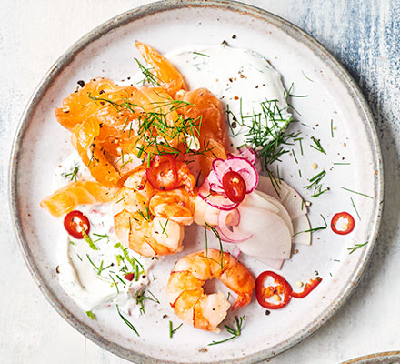Asian cured salmon with prawns, pickled salad & dill lime crème fraîche
