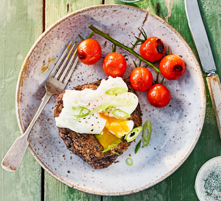Black bean & barley cakes with poached eggs