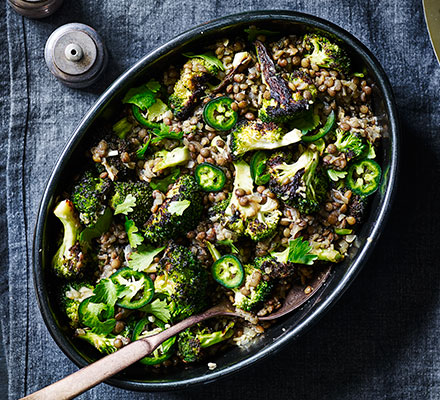 Lentils with charred broccoli & ginger