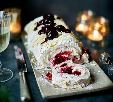 White forest meringue roulade