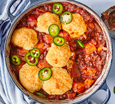 Chipotle sweet potato & black bean stew with cheddar dumplings