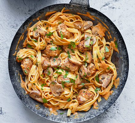 Speedy sausage stroganoff tagliatelle