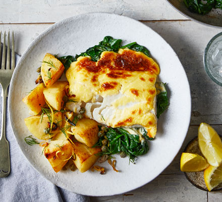 Smoked haddock & hollandaise bake with dill & caper fried potatoes