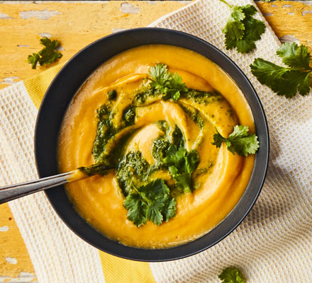 Sweet potato, coconut & lemongrass soup with coriander sambal