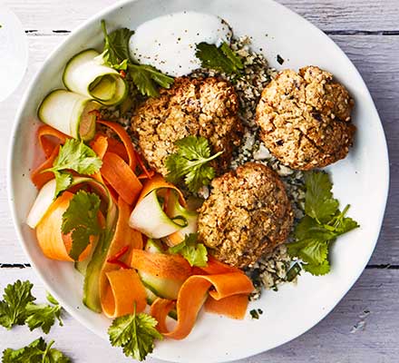 Baked falafel & cauliflower tabbouleh with pickled carrot, cucumber & chilli salad