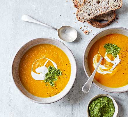 Carrot soup with chilli coriander pesto