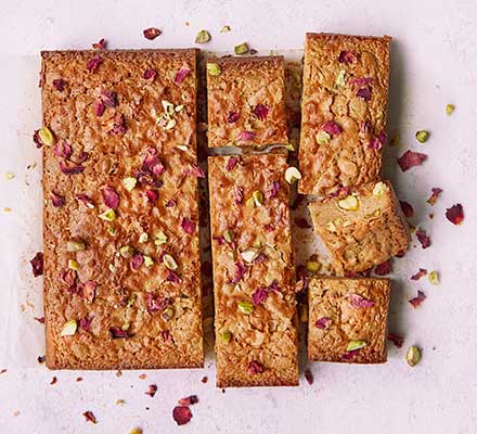 Pistachio, rose & white chocolate blondies