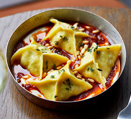 Beef & sour cherry manti with tomato-chilli butter