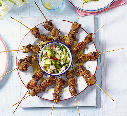 Spring lamb skewers with lightly pickled allotment salad