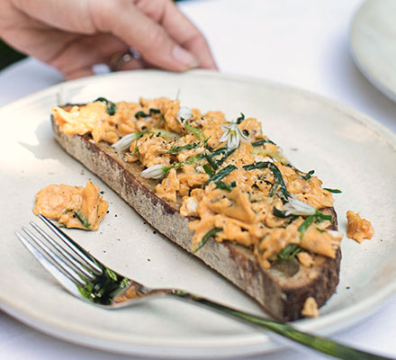 Three-cornered leek & scrambled eggs on toast