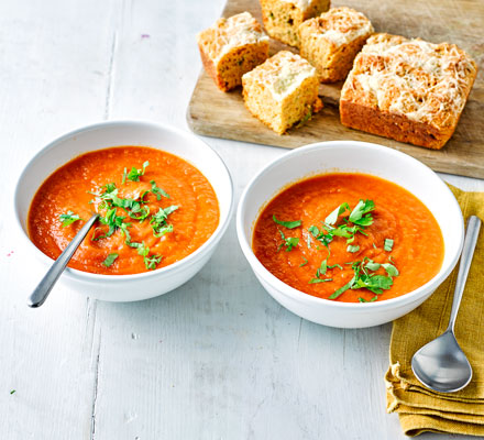 Fresh tomato soup with cheesy cornbread