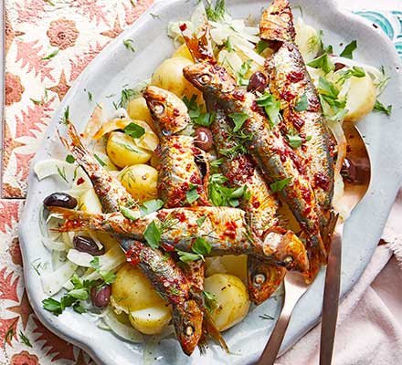 Grilled harissa sardines with fennel & potato salad