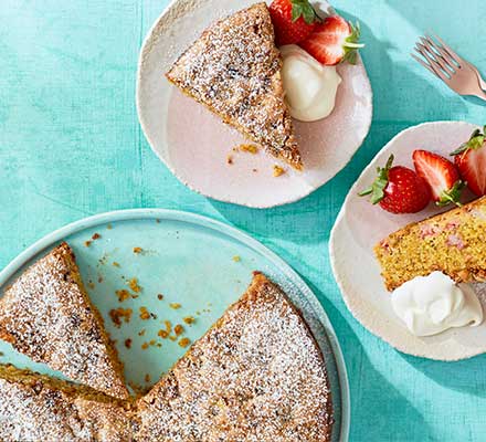 Strawberry & pistachio olive oil cake