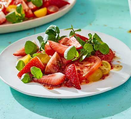 Strawberry, tomato & watercress salad with honey & pink pepper dressing