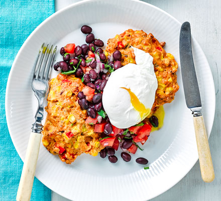 Sweetcorn fritters with eggs & black bean salsa