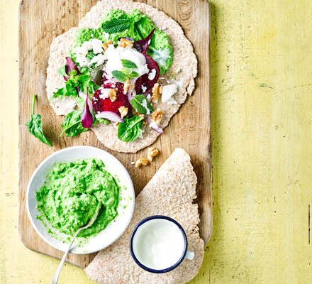 Wholemeal wraps with minty pea hummus & beetroot