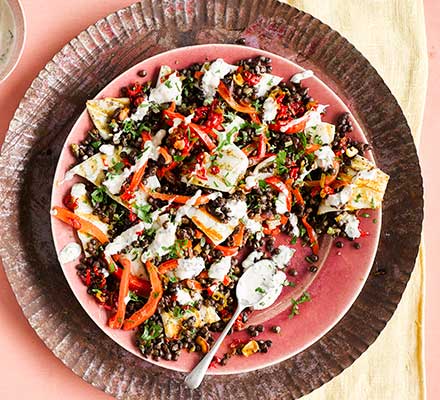 Griddled squid, lentil, roast pepper & preserved lemon with tahini