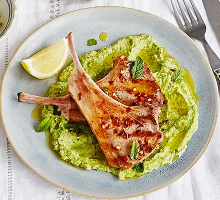 Lamb chops with chilli & Ligurian broad bean pesto