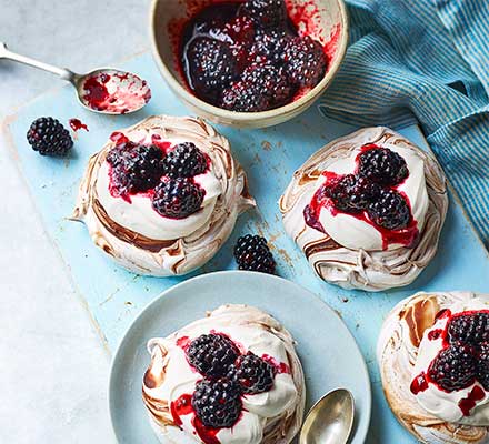 Mini dark chocolate, blackberry & bay pavlovas