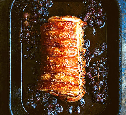 Roast pork with crushed grapes, marsala & juniper