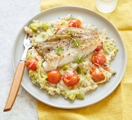 Leek, tomato & barley risotto with pan-cooked cod