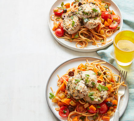 Parmesan pork with tomato & olive spaghetti
