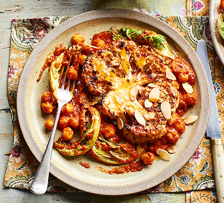 Roasted cauliflower with harissa & chickpea sauce