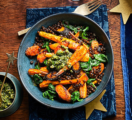 Root veg lentil bowl with herb pistou