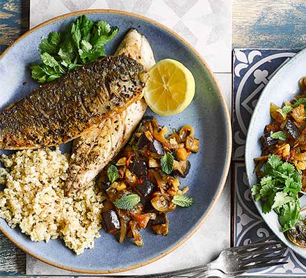 Mackerel with date, aubergine & preserved lemon relish