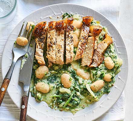 Pork chops & mustardy butter beans