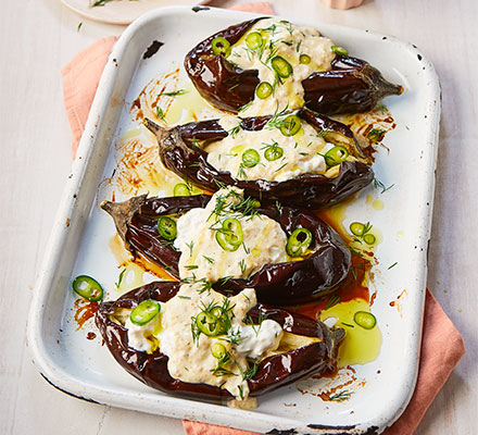 Roast aubergines with almond tarator, feta, dill & green chilli