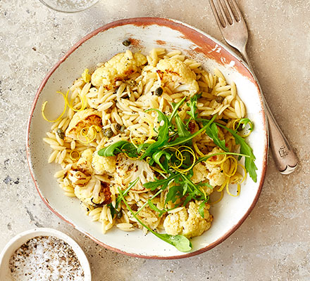 Charred cauliflower, lemon & caper orzo