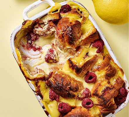 Lemon & raspberry doughnut pudding