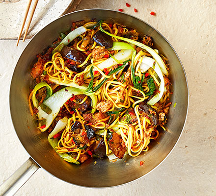 fry stir pork aubergine noodle favourite print