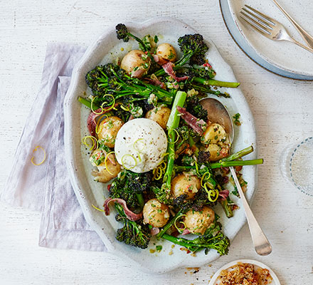 Purple sprouting broccoli, jersey royal, burrata & anchovy salad