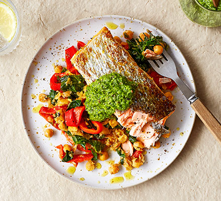 Salsa verde salmon with smashed chickpea salad