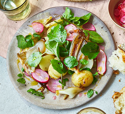 Watercress salad with boiled Jersey Royals, roast shallots & pickled radish