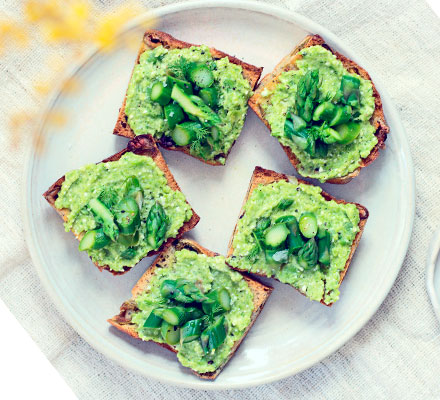 Herbed broad bean & feta crostini with asparagus