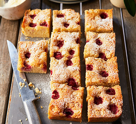 Raspberry & white chocolate financier traybake