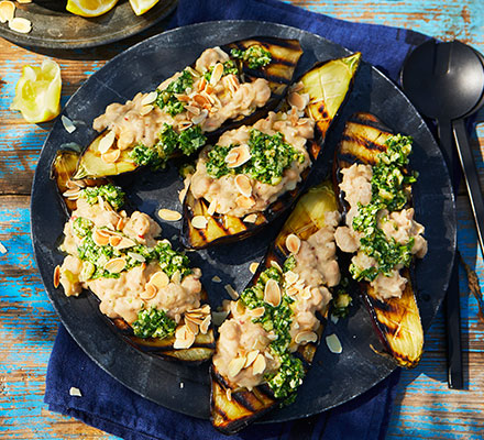Charred aubergines with white beans & salsa verde
