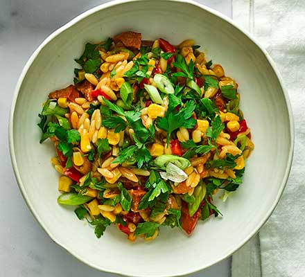 Chorizo, orzo & sweetcorn summer stew