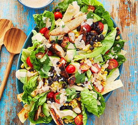 Charred corn, chicken & tortilla salad with chipotle yogurt dressing