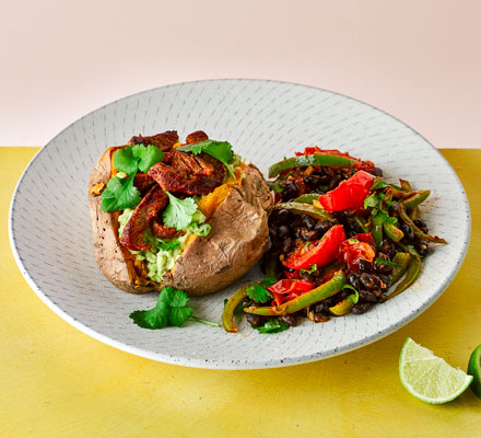 Stir-fry chilli beef with sweet potato jackets