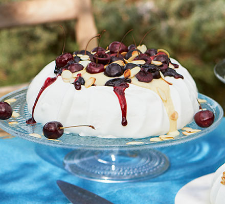 Cherry, almond & vanilla custard pavlova