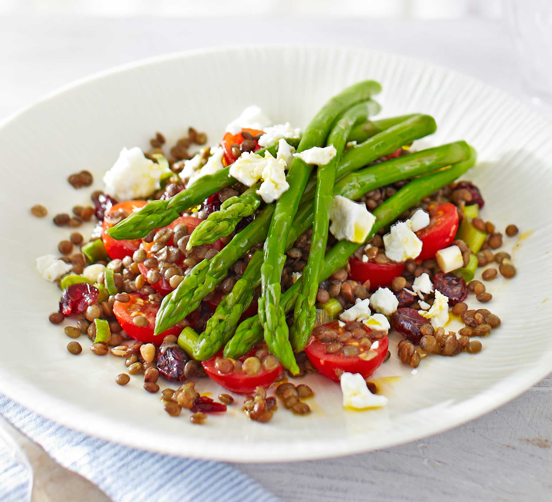 Asparagus & lentil salad with cranberries & crumbled feta