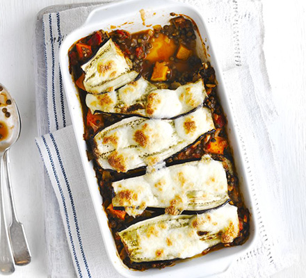 Layered aubergine & lentil bake