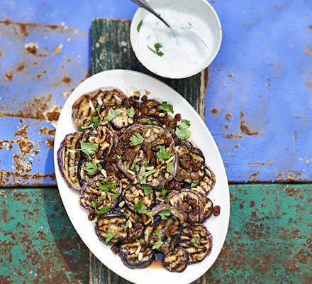 Griddled aubergine salad with sultanas & pine nuts