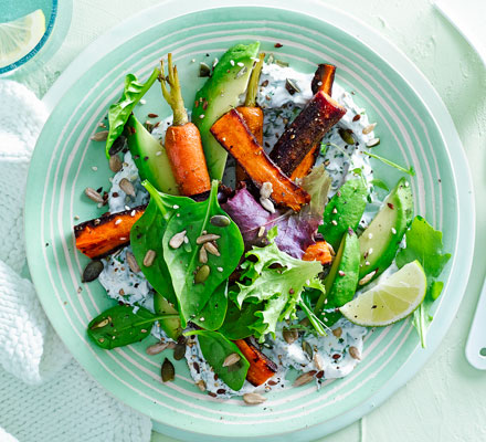 Avocado, labneh, roasted carrots & leaves
