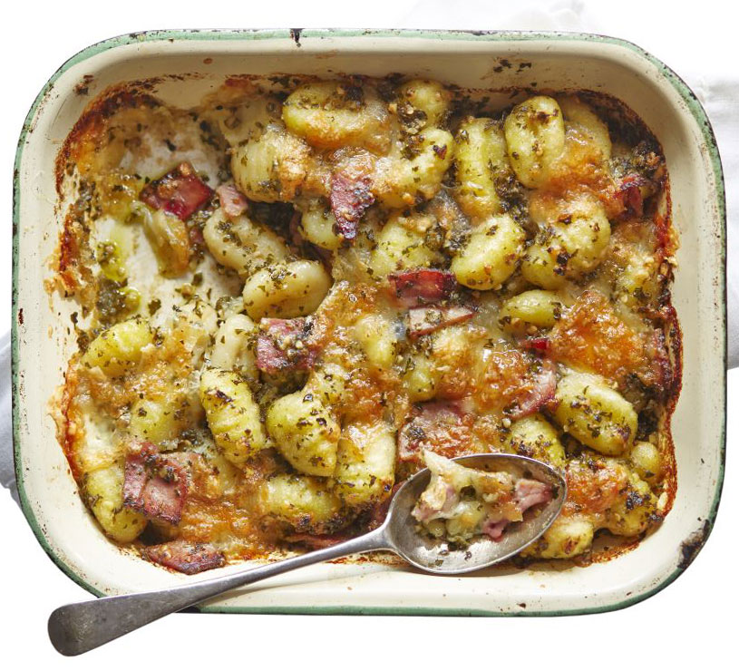 Baked gnocchi with kale pesto & ham