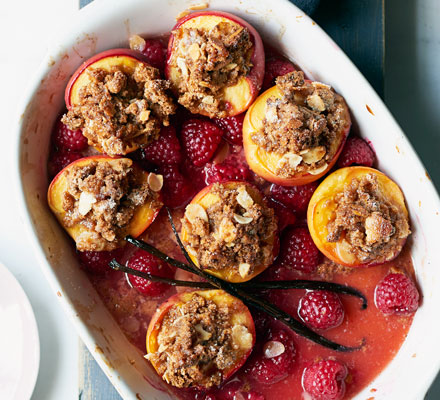 Baked nectarines & raspberries with almonds & honey